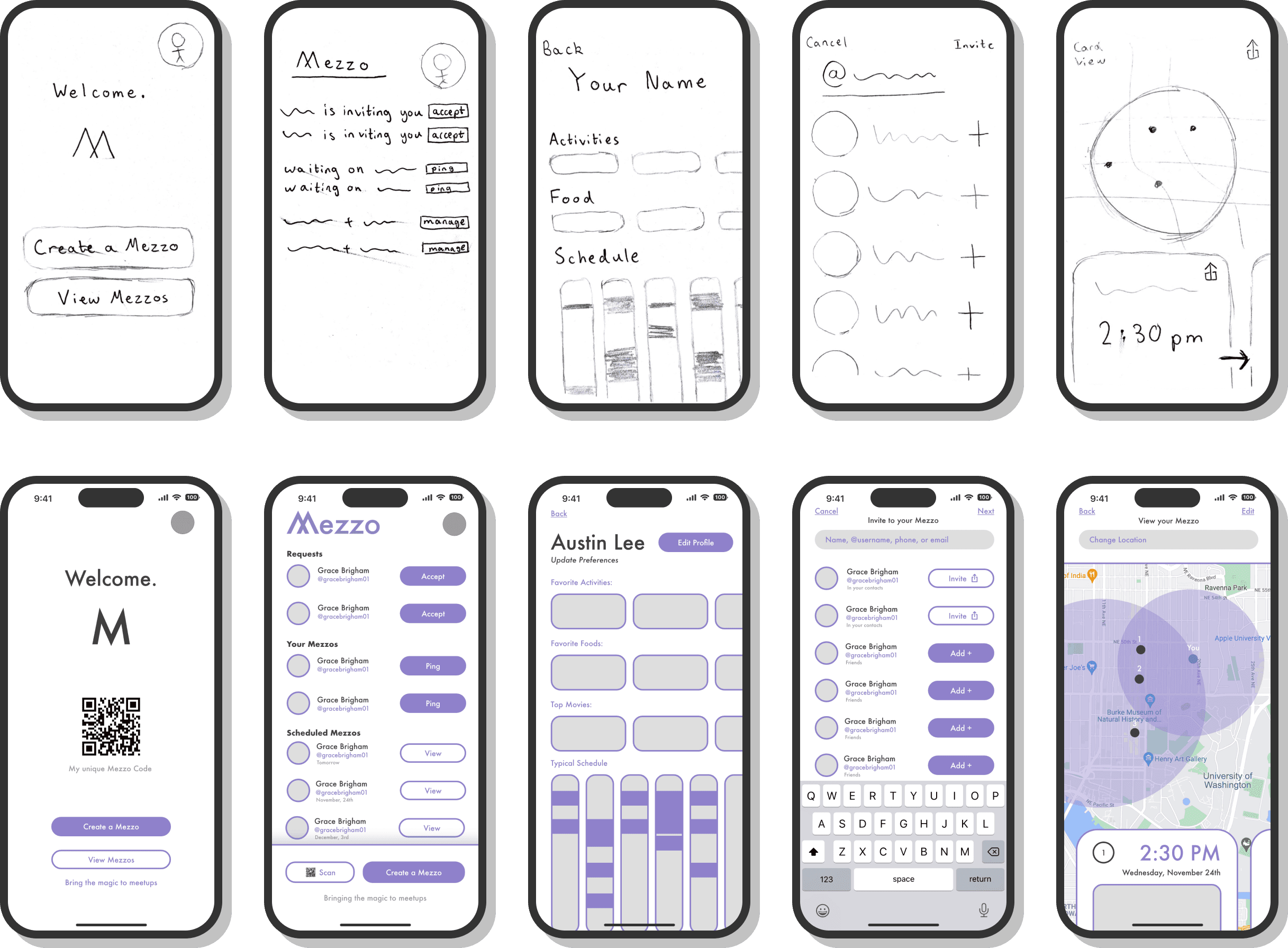 Early Mezzo wireframe mockups
