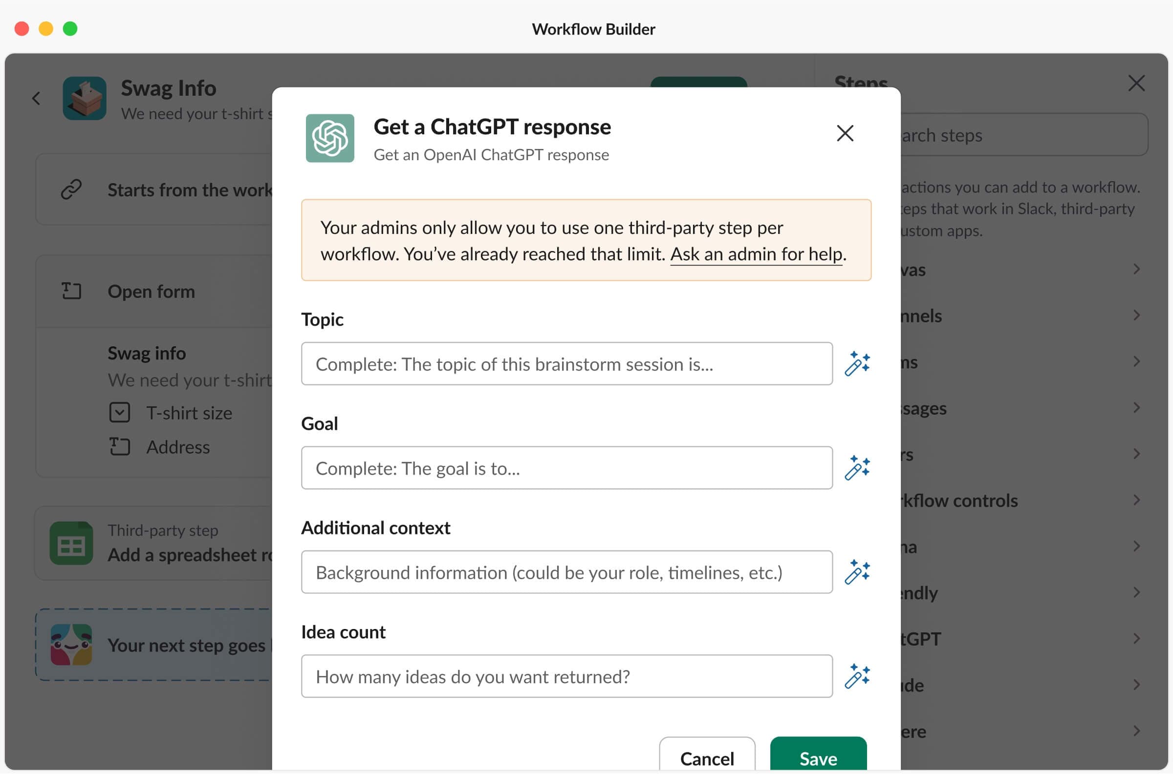 Opening a ChatGPT third-party step