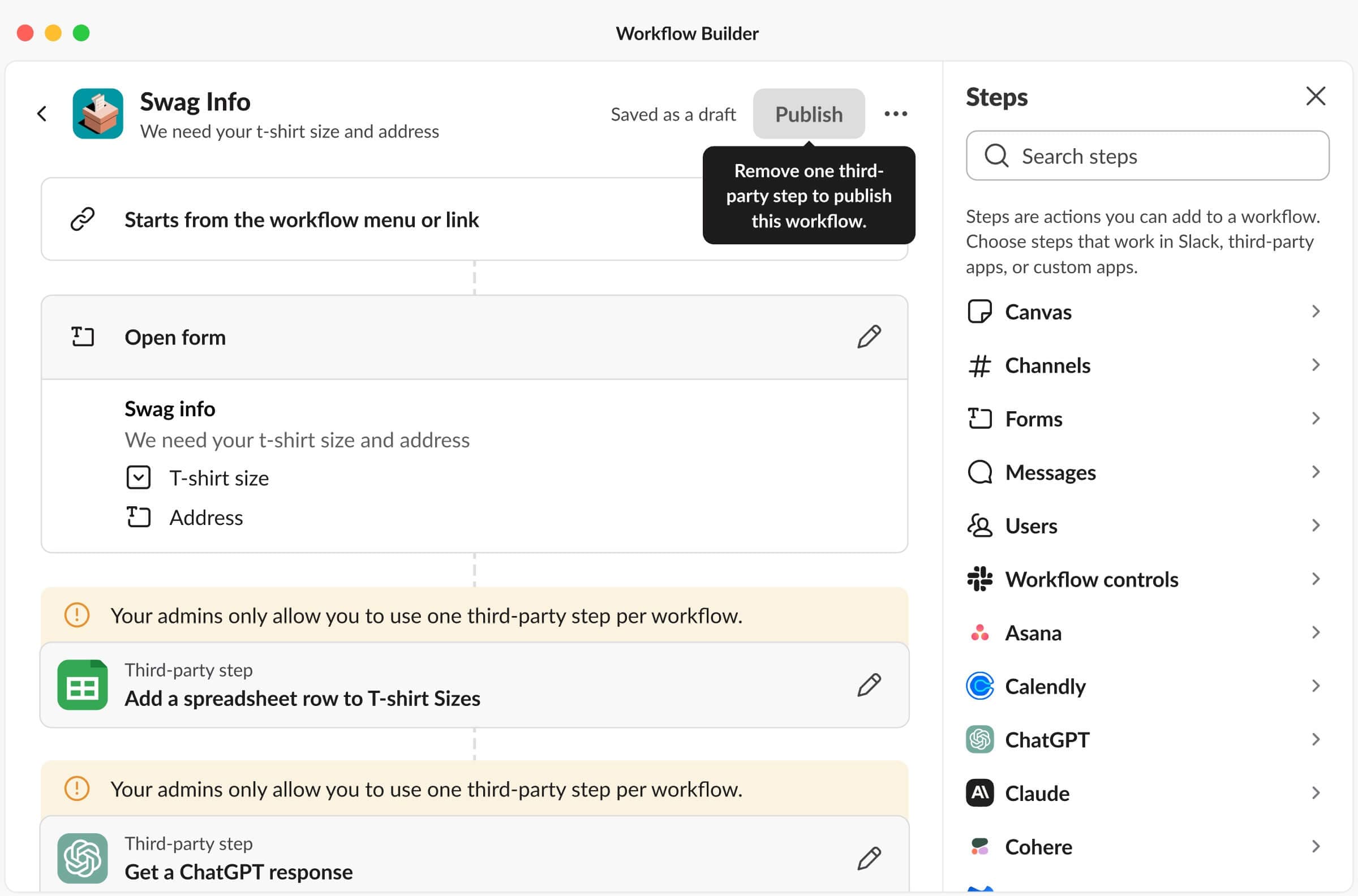 Configuring and saving the ChatGPT third-party step