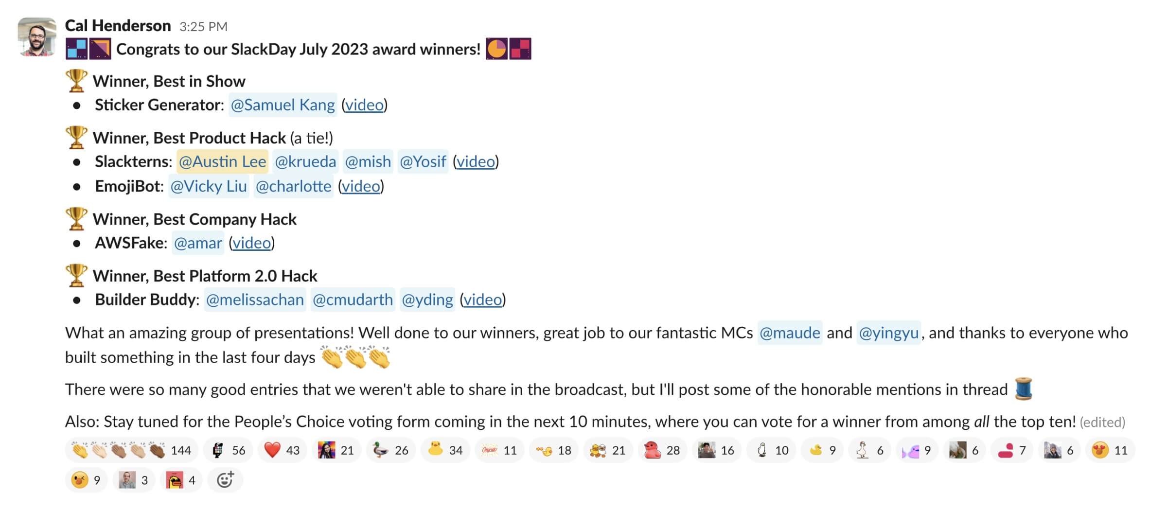 Message announcing Slackday winners