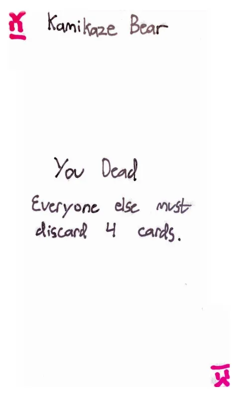 Hand-drawn index card from version 1 of the game