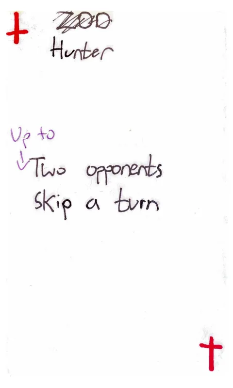 Hand-drawn index card from version 1 of the game
