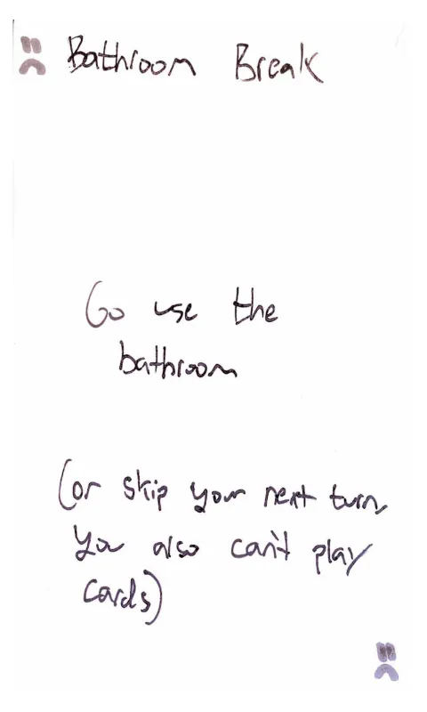 Hand-drawn index card from version 1 of the game